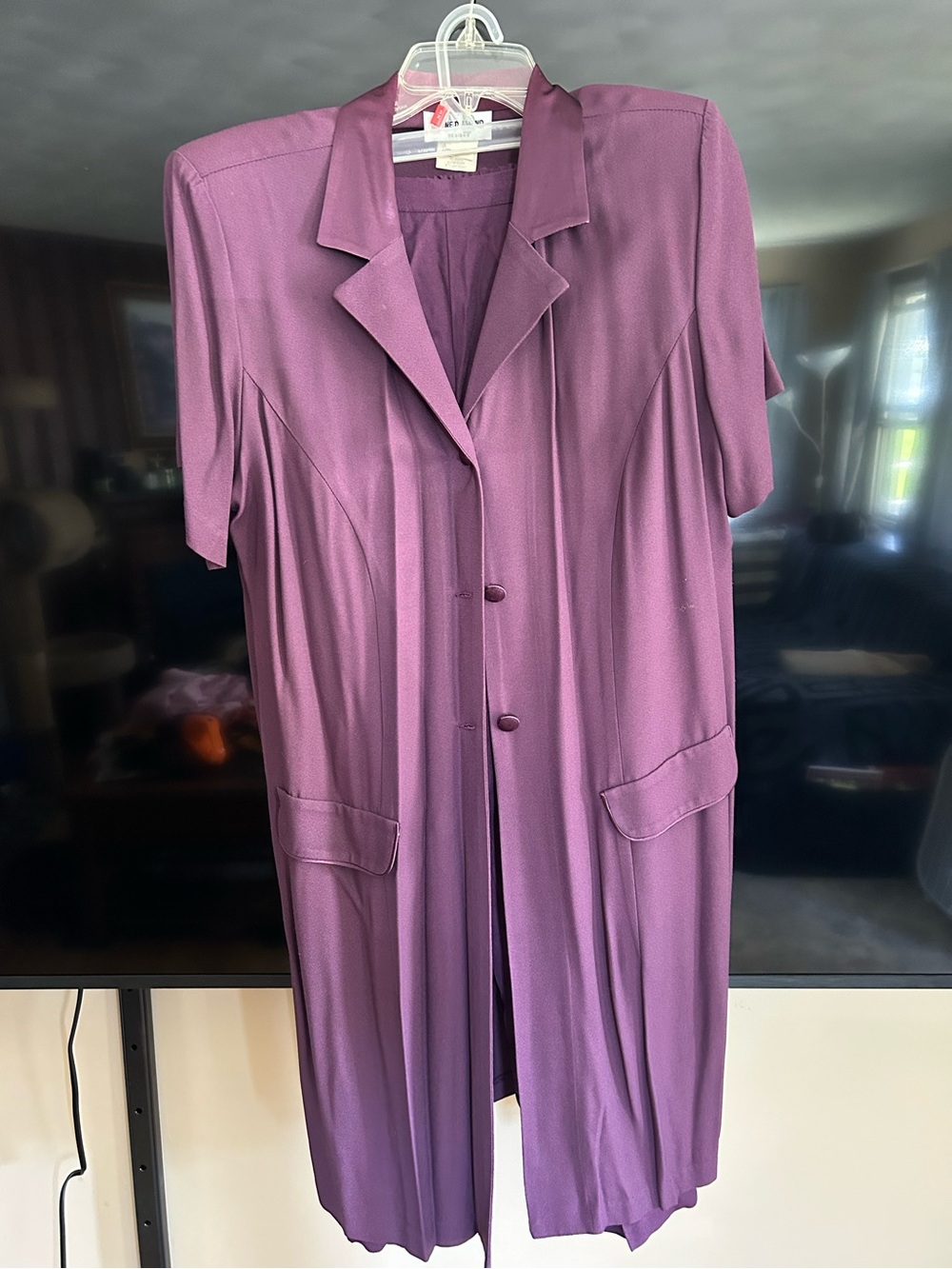Purple Button-Front Duster Dress with Pockets and Pants